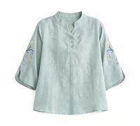 Women's Cotton Linen Retro Chinese Frog Button Tops Mandarin Collar Blouse Embroidered Long Sleeve Trendy Daily Shirts(Green, M)