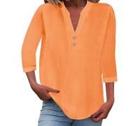 Women's Cotton Linen Shirt Blouse Button Down V Neck Womens 3/4 Sleeve Tops Solid Color Casual Summer Shirts Lightweight Loose Fit Ladies Tunic Tops Roll Up Sleeve Oversized Tees Orange