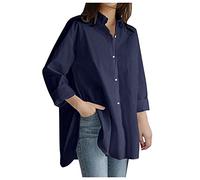 Women's Cotton Linen Shirt Plus Size Long Sleeve Blouse Collared Solid Colour Top Ladies Casual Spring Loose Fit Tunic Dressy Tshirt Navy