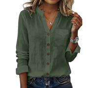 Womens Cotton Linen Shirts Button Down V Neck Blouses Summer Spring Roll-Up Sleeve Tunic Tops Trendy Boho Oversized Tee Going Out Tops Ladies Summer Clothes 2026 Tshirt Army Green