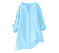 Womens Cotton Linen Shirts Oversized Long Sleeve V Neck Button Down Summer Blouse Casual Lightweight Loose Comfy Fashion Elegant Solid Ladies T Shirt Linen Long Shirts for Women UK Blue M