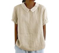 Womens Cotton Linen Shirts Peter Pan Collar Ruffle Sleeve Comfy Loose Tops Summer Casual Cute Clothes(Beige, XL)