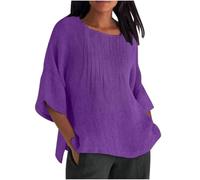 Women's Cotton Linen Shirts Pleated 3/4 Length Sleeve Shirt Casual Crew Neck Solid Color Blouse 2025 Summer Fashion Plus Size Tops Dressy Comfy Loose Fit T-Shirt Lightweight Going Out Tee Purple