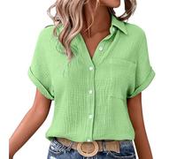 Womens Cotton Linen Shirts Short Sleeve Crinkle Round Neck Solid Color Tops Ladies Comfortable Lightweight Loose Fit Casual Blouse for Spring Summer Daily (Mint Green, M)
