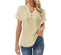 Women's Cotton Linen Shirts UK 2026 Spring Summer Short Sleeve Tops Casual Button V Neck Henley Tee Dressy Comfy Solid Color Loose Fit Blouse Going Out T-Shirts
