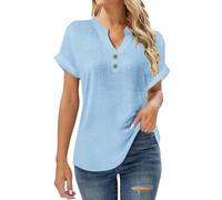 Women's Cotton Linen Shirts UK 2026 Spring Summer Short Sleeve Tops Casual Button V Neck Henley Tee Dressy Comfy Solid Color Loose Fit Blouse Going Out T-Shirts