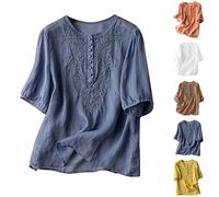 Womens Cotton Linen Shirts UK Clearance, Ladies Embroidery Blouse T-Shirt Short Sleeve Tshirts Round Neck Tee, Summer Loose Pullover Breathable Sweatshirts Fashion Retro Jumpers Holiday Party Tops