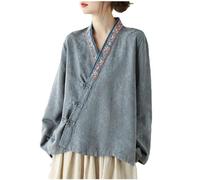 Women's Cotton Linen Shirts V Neck 3/4 Sleeve Blouses Retro Vintage T Shirts Chinese Style Casual Loose Tee Shirt Lightweight Floaty Tops Spring Summer Blouse Tunic Top