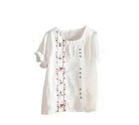 Womens Cotton Linen Shirts Vintage Floral Embroidered Pullover Tops Summer Short Sleeve T-Shirt Casual Loose Blouses Lightweight Comfy Tshirt Ladies Crewneck Tunic Top Sale Clearance White