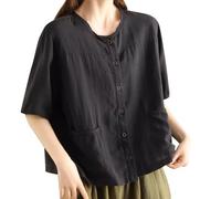 Women's Cotton Linen Short Sleeve Shirt Summer Vintage Solid Colour Chic And Elegant Casual With Pockets Top Literary Loose Fit Temperament Comfortable Simple Top