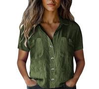 Women'S Cotton Linen Short Sleeved Shirt Solid Color Slim Fit Button Down Shirts With Pockets Loose Fit Comfortable Casual Blouse Summer Lightweight Breathe Oversized Tees Fashion Elegant Work Blouses
