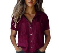 Women'S Cotton Linen Short Sleeved Shirt Solid Color Slim Fit Button Down Shirts With Pockets Loose Fit Comfortable Casual Blouse Summer Lightweight Breathe Oversized Tees Fashion Elegant Work Blouses
