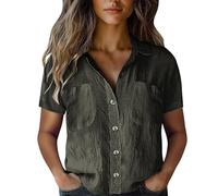 Women'S Cotton Linen Short Sleeved Shirt Solid Color Slim Fit Button Down Shirts With Pockets Loose Fit Comfortable Casual Blouse Summer Lightweight Breathe Oversized Tees Fashion Elegant Work Blouses