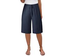 Womens Cotton Linen Shorts Elasticated High Waist Knee Length Shorts Solid Colour Drawstring Stretchy Half Pants Causal Baggy Beach Sweatpants with Pockets for Walking, Holidays, Travelling Navy
