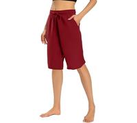 Womens Cotton Linen Shorts Ladies Stretch Elasticated Waist Drawstring Shorts Summer Casual Capri Pants Solid Colour Loose Half Pants Summer Casual Bermuda Trousers with Pockets Red