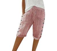 Womens Cotton Linen Shorts Striped High Waisted Drawstring Knee Length Bermuda Short Summer Casual Loose Capris Pant Cropped Trousers Lounge Bottoms Beach Holiday Walking Shorts for Women UK Red
