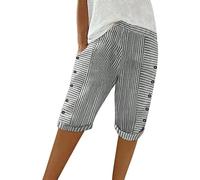 Womens Cotton Linen Shorts Striped High Waisted Drawstring Knee Length Bermuda Short Summer Casual Loose Capris Pant Cropped Trousers Lounge Bottoms Beach Holiday Walking Shorts for Women UK Black