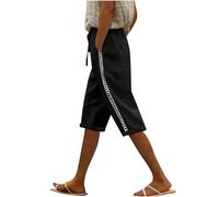 Women's Cotton Linen Shorts Summer Elastic Waist Knee Length Shorts Plus Size Casual Cropped Trousers Ladies Bermuda Short Solid Wide Leg Beach Vacation Capri Pants Black