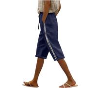 Women's Cotton Linen Shorts Summer Elastic Waist Knee Length Shorts Plus Size Casual Cropped Trousers Ladies Bermuda Short Solid Wide Leg Beach Vacation Capri Pants Navy