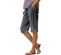 Womens Cotton Linen Shorts Summer Knee Length Bermuda Pants with Pockets Baggy Wide Leg Lightweight Breathable Capri Pants Casual Comfy Holiday Beach Shorts, Size S-5XL Grey