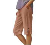 Womens Cotton Linen Shorts UK Summer Knee Length Bermuda Pants with Pockets Wide Leg Lightweight Breathable Capri Pants Casual Comfy Holiday Beach Shorts, Size S-5XL Rose Gold