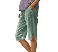 Womens Cotton Linen Shorts UK Summer Knee Length Bermuda Pants with Pockets Wide Leg Lightweight Breathable Capri Pants Casual Comfy Holiday Beach Shorts, Size S-5XL Mint Green