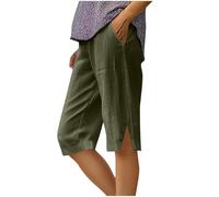Womens Cotton Linen Shorts UK Summer Knee Length Bermuda Pants with Pockets Wide Leg Lightweight Breathable Capri Pants Casual Comfy Holiday Beach Shorts, Size S-5XL