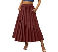 Womens Cotton Linen Skirts Ruffle Elastic High Waisted Maxi Skirt Ladies Summer Casual Loose Shift Long Skirts with Pockets Holiday Beach Vacation Travel Breathable Sundress Red
