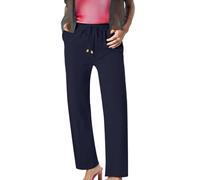 Women's Cotton Linen Slim Fit Stretch Elasticated Waist Straight Leg Trousers with Pockets Casual Breathable Lightweight Trousers Summer Beach Walk Business Formal Pants Dark Blue