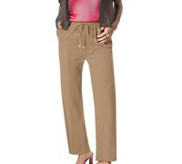 Women's Cotton Linen Slim Fit Stretch Elasticated Waist Straight Leg Trousers with Pockets Casual Breathable Lightweight Trousers Summer Beach Walk Business Formal Pants Khaki