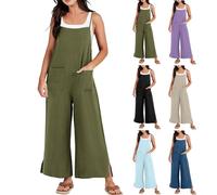 Womens Cotton Linen Suspender Jumpsuit ClearanceSleevelessUnitard Romper with Pocket Workout Jumpsuits Ladies Spaghetti Strap Outfit Bodycon BodysuitAll In One Catsuit Baggy Wide Leg Overalls