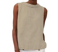 Women's Cotton Linen Tank Tops High Neck Casual Cami Sleeveless Camisole Blouses Summer Basic Shirt Solid Color Crop Tops(Khaki,XX-Large)
