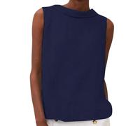Women's Cotton Linen Tank Tops High Neck Casual Cami Sleeveless Camisole Blouses Summer Basic Shirt Solid Color Crop Tops(Navy,Medium)