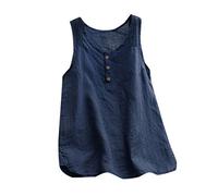 Womens Cotton Linen Tank Tops Loose Fit Flowy Button V Neck Sleeveless Blouses Trendy Dressy Casual Summer Tunic Shirts(Navy,Large)