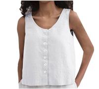 Women's Cotton Linen Tank Tops Summer Sleeveless Tshirt Round Neck Oversized Vest Shirt Casual Button Up Camisole Blouse Plain Breathable Tees Going Out Beach Vacation Tops for Women UK