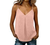 Womens Cotton Linen Tank Tops UK Summer Sleeveless V-Neck Spaghetti Strap Solid Basic Camisole Vest Tops Loose Fit Flowy Swing Hem Pleated Casual Hide Belly Maternity Clothes for Women Going Out Pink
