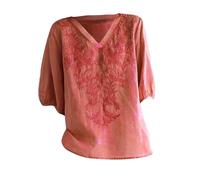 Womens Cotton Linen Tops 2025 Summer Half Sleeve Shirts Loose Crewneck Casual Boho Tops Vintage Embroidered Blouses(1B-Red, XXL)