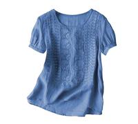 Women's Cotton Linen Tops Floral Embroidered Cotton Linen Blouses Plus Size Summer Crew Neck Short Sleeve T-Shirt Basic Solid Color Shirts Lightweight Loose Flowy Tunic Tops(A01-Dark Blue,M)