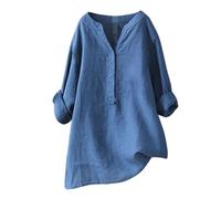Women's Cotton Linen Tops Polo Longline Summer Suits Clearance Womens Cotton Linen Daily Solid Essentials Summer Vacation Tunic Top Large Daily Casual Tee Blouses (01-B-Blue, XL)