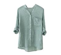 Womens Cotton Linen Tops Roll Up Long Sleeves V-Neck Shirts UK Sale Clearance Button Down Blouse Casual Loose Work Office T Shirt Plain Summer Spring Tunic Tops Ladies Blouses Tops Green