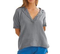 Womens Cotton Linen Tops Summer Casual Lapel Collar Regular Pullover Tops Short Sleeve Blouses Casual Vacation Clothes(Grey, XXXL)