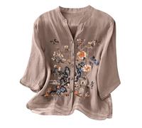 Women's Cotton Linen Tops Summer Embroidered Retro Henley Neck Lantern Sleeve Blouse Button Down Tunic Top Vintage Elegant Cheesecloth T-Shirts