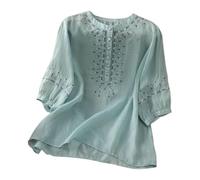 Women's Cotton Linen Tops Summer Embroidered Retro Henley Neck Lantern Sleeve Blouse Button Down Tunic Top Vintage Elegant Cheesecloth T-Shirts