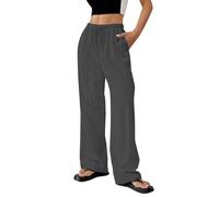 Women's Cotton Linen Trouser, Summer Loose Fit Casual Linen Elasticated High Waist Wide Leg Pants Ladies Elegant Loose Lounge Palazzo Pants with Pockets and Drawstring Dark Gray