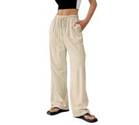 Women's Cotton Linen Trouser, Summer Loose Fit Casual Linen Elasticated High Waist Wide Leg Pants Ladies Elegant Loose Lounge Palazzo Pants with Pockets and Drawstring Khaki