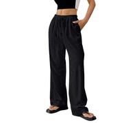 Women's Cotton Linen Trouser, Summer Loose Fit Casual Linen Elasticated High Waist Wide Leg Pants Ladies Elegant Loose Lounge Palazzo Pants with Pockets and Drawstring Black