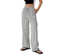Women's Cotton Linen Trouser, Summer Loose Fit Casual Linen Elasticated High Waist Wide Leg Pants Ladies Elegant Loose Lounge Palazzo Pants with Pockets and Drawstring Grey