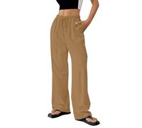 Women's Cotton Linen Trouser, Summer Loose Fit Casual Linen Elasticated High Waist Wide Leg Pants Ladies Elegant Loose Lounge Palazzo Pants with Pockets and Drawstring Brown