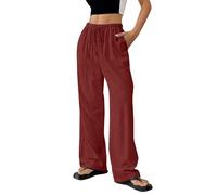 Women's Cotton Linen Trouser, Summer Loose Fit Casual Linen Elasticated High Waist Wide Leg Pants Ladies Elegant Loose Lounge Palazzo Pants with Pockets and Drawstring Red