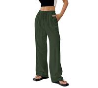 Women's Cotton Linen Trouser, Summer Loose Fit Casual Linen Elasticated High Waist Wide Leg Pants Ladies Elegant Loose Lounge Palazzo Pants with Pockets and Drawstring Green